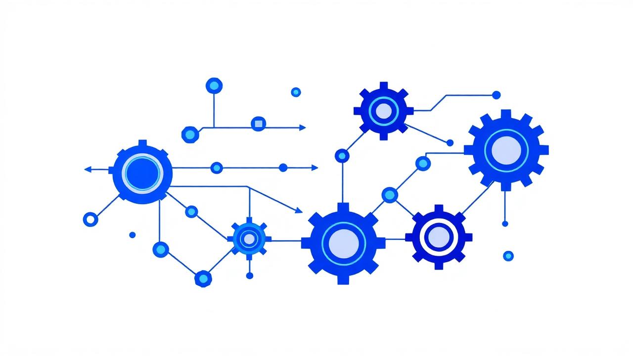 Illustration of connected sales automation workflow nodes and gears